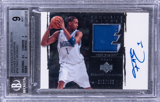 2003-04 UD "Exquisite Collection" Patches Autographs #TM Tracy McGrady Signed Game Used Patch Card (#019/100) - BGS MINT 9/BGS 10